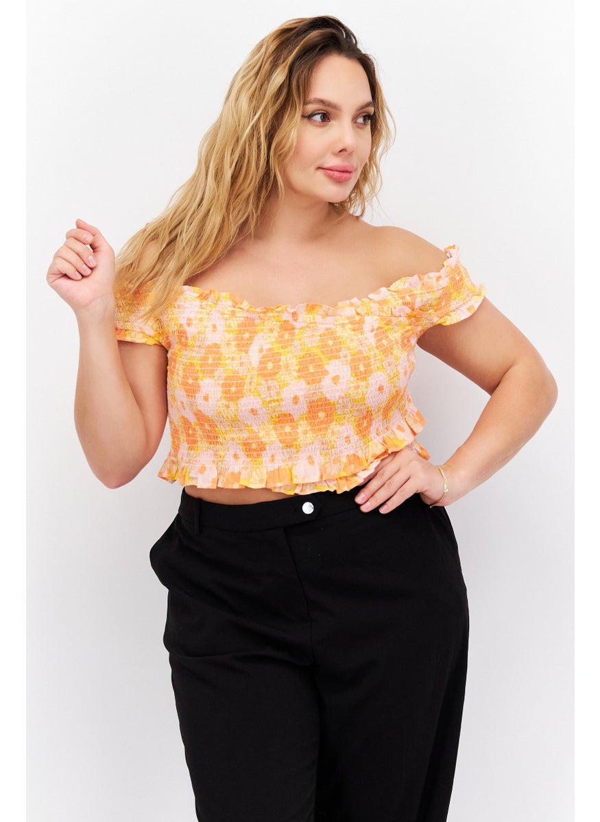 Cotton On Women Off Shoulder Cap Sleeve Floral Printed Top, Orange Combo  - Image 1