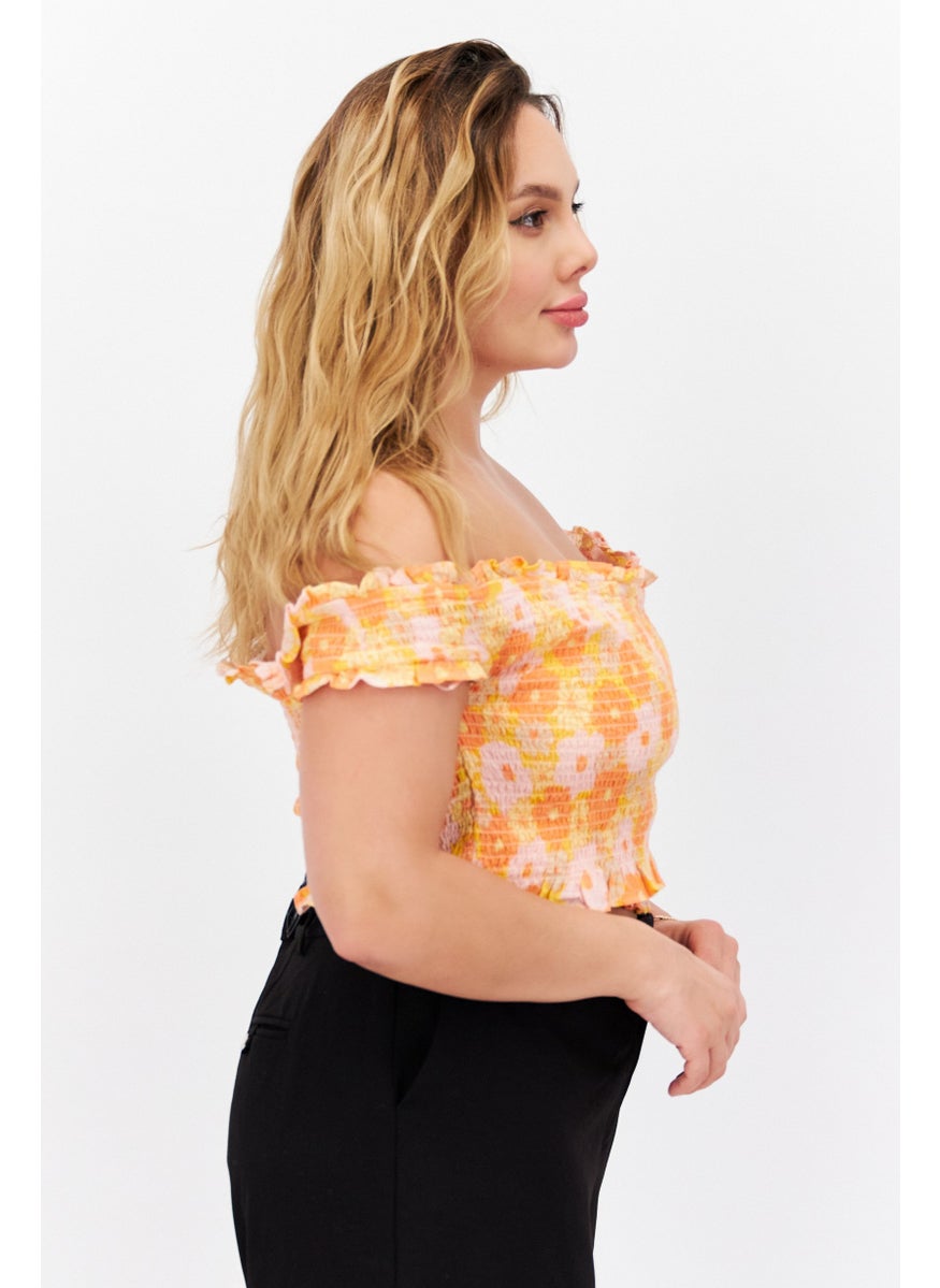 Cotton On Women Off Shoulder Cap Sleeve Floral Printed Top, Orange Combo  - Image 2