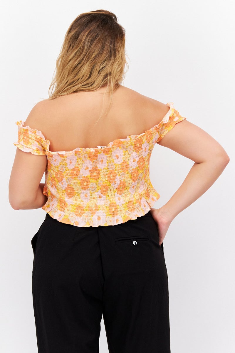 Cotton On Women Off Shoulder Cap Sleeve Floral Printed Top, Orange Combo - Image 4