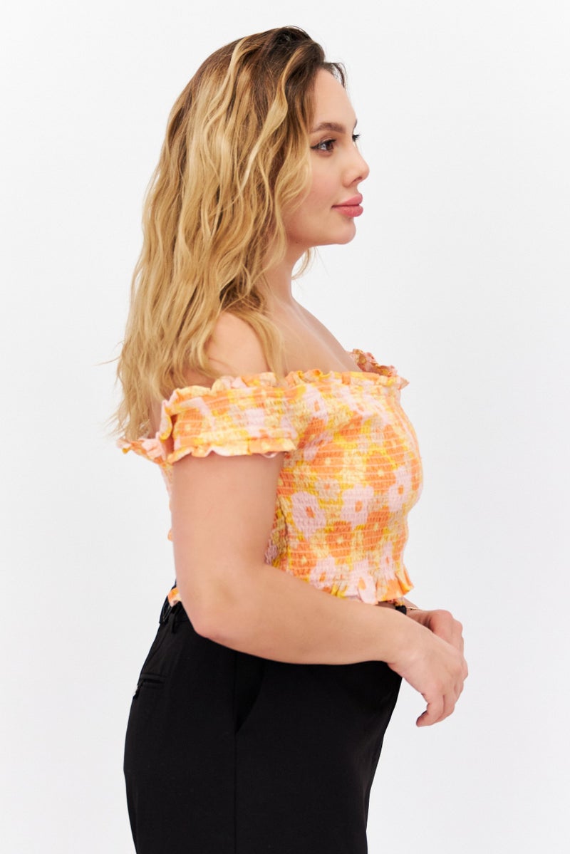 Cotton On Women Off Shoulder Cap Sleeve Floral Printed Top, Orange Combo - Image 2