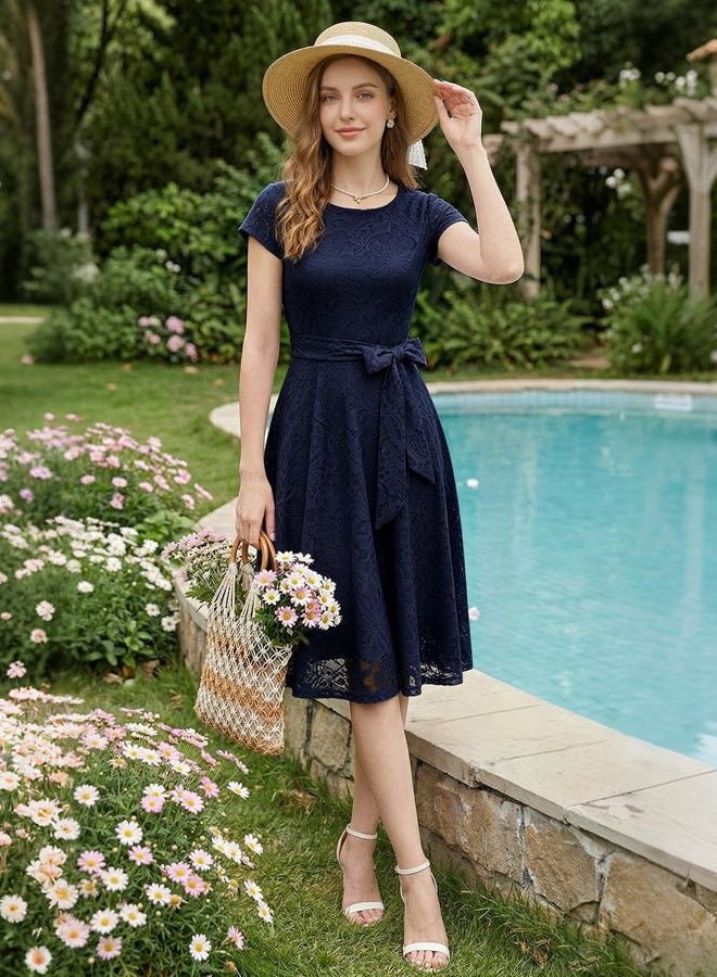 MuaDress Women Short Lace Bridesmaid Dresses with Cap-Sleeve Formal Dresses, Navy, M - Image 2