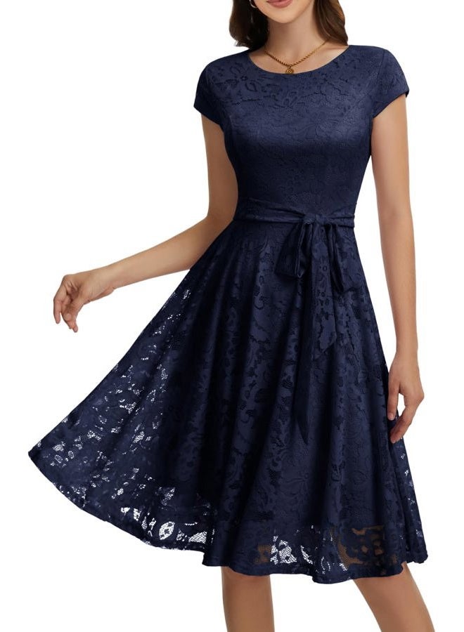 MuaDress Women Short Lace Bridesmaid Dresses with Cap-Sleeve Formal Dresses, Navy, M - Image 1