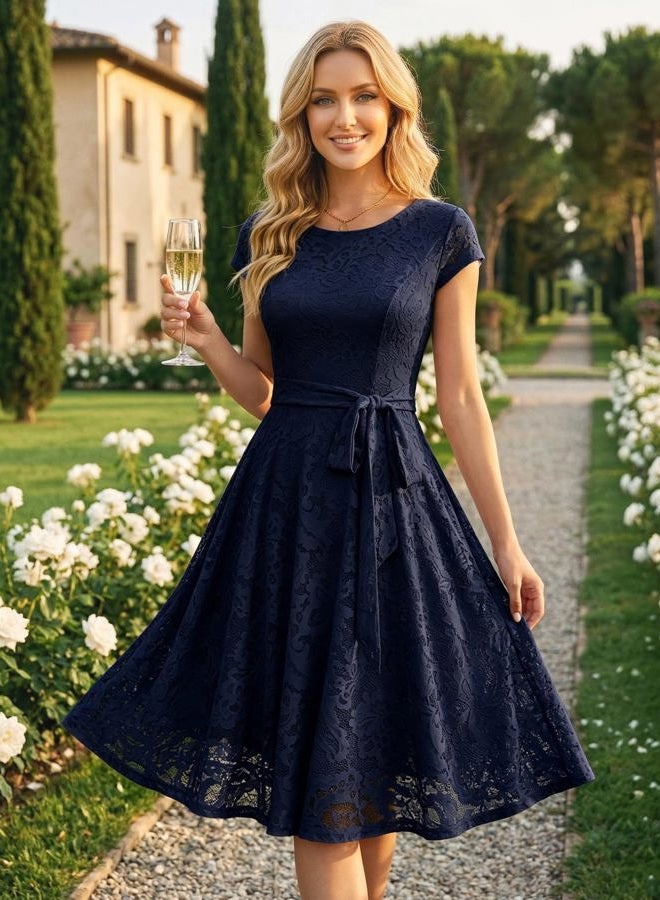 MuaDress Women Short Lace Bridesmaid Dresses with Cap-Sleeve Formal Dresses, Navy, M - Image 5