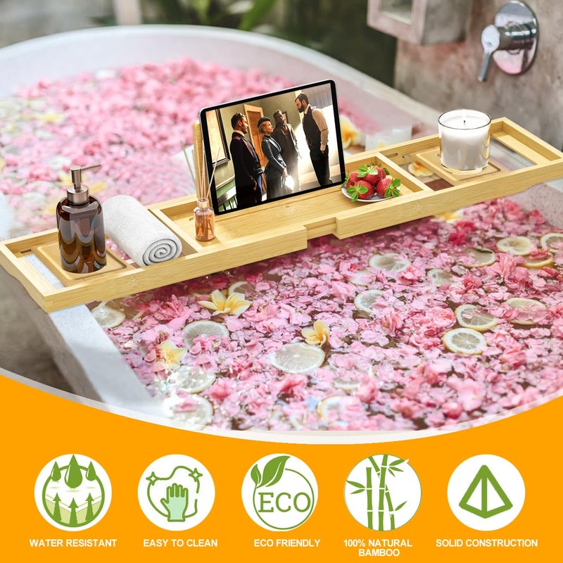 Banlilu Premium Bathtub Tray - Expandable Bamboo Wooden Bath Trays for Bathub - Bath Tub Table Tray for Bathtub/Tub,Adjustable Size, Fits Most Tubs - Image 2