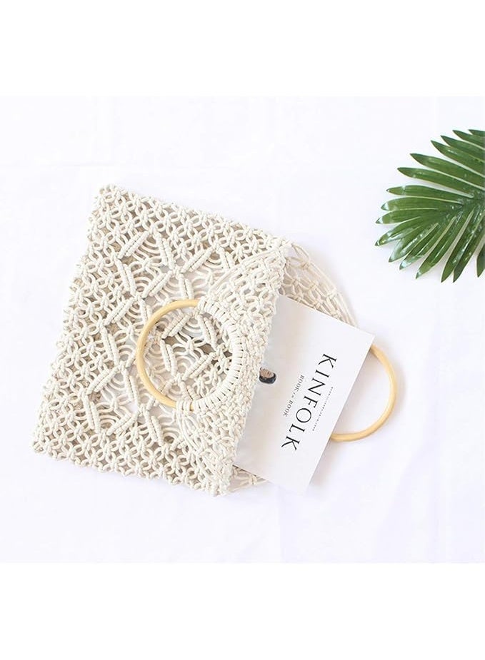 Antikiano Handmade Macrame Tote Bag with Wooden Handles, Boho Woven Cotton Shoulder Bag for Beach, Shopping and Everyday Use – 41 × 33 cm - Image 5