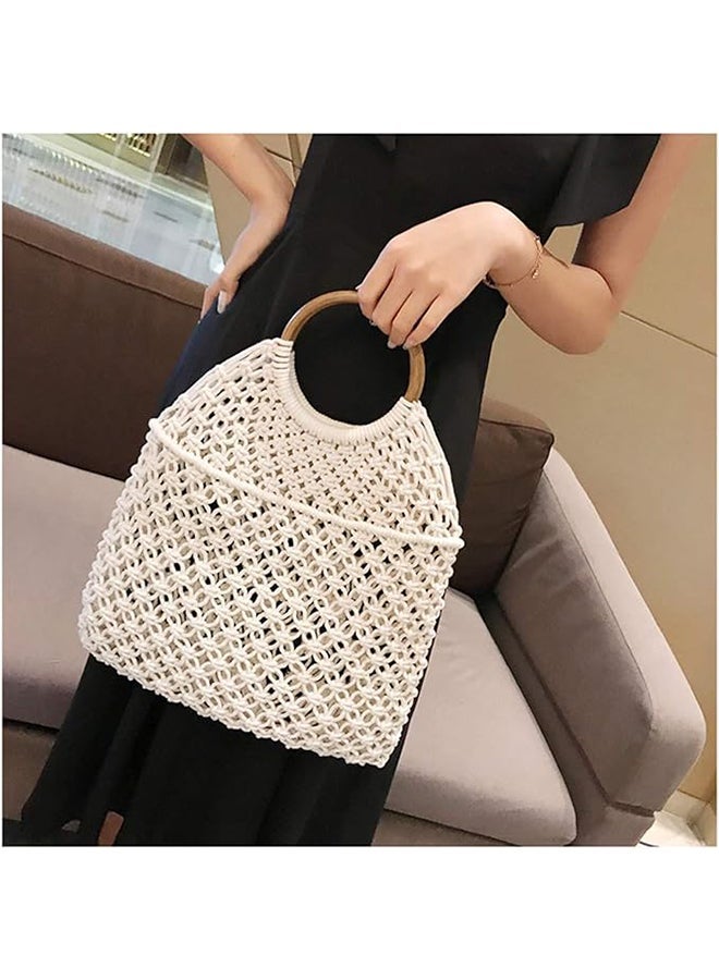 Antikiano Handmade Macrame Tote Bag with Wooden Handles, Boho Woven Cotton Shoulder Bag for Beach, Shopping and Everyday Use – 41 × 33 cm - Image 2