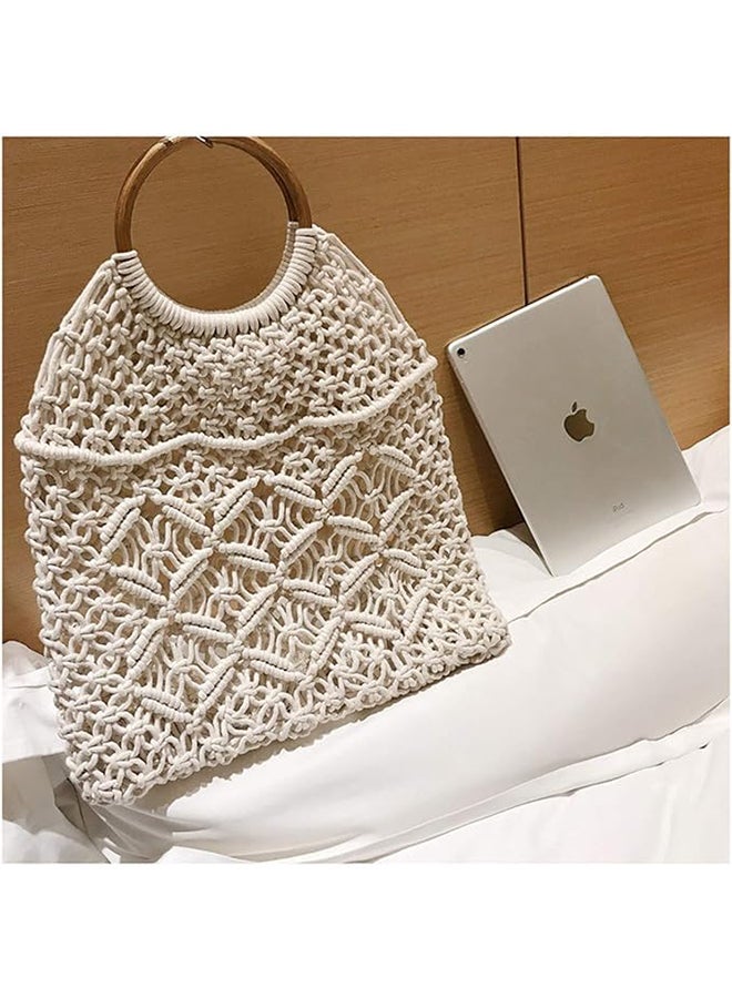 Antikiano Handmade Macrame Tote Bag with Wooden Handles, Boho Woven Cotton Shoulder Bag for Beach, Shopping and Everyday Use – 41 × 33 cm - Image 4