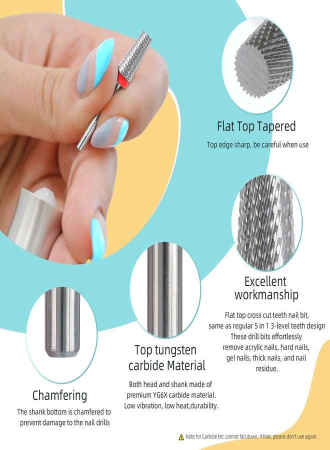HYTOOS Flat Top 5 in 1 Nail Drill Bit Professional Tungsten Carbide Cross Tapered Nail Bits 3/32" 2 Way Electric File Nail Drill Accessories Manicure Gel Polish Removal Tool F - Image 5