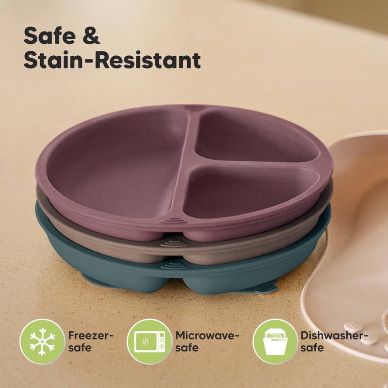 KeaBabies Suction Plates for Baby, Toddler - 3-Pack 100% Silicone Toddler Plates with Suction, Divided, BPA-Free Baby Led Weaning Essentials for Kids, Dishwasher, Microwave Safe, Durable (Rocky) - Image 5