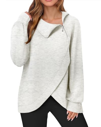 VALOLIA Plus Size Sweaters for Women Winter Clothing for Women Half Zip Sweatshirt Tunic Tops Side Split Outfits for Curvy Womens Yoga Workout Top Shirts Ladies Holiday Sweaters Dressy White XL - Image 1