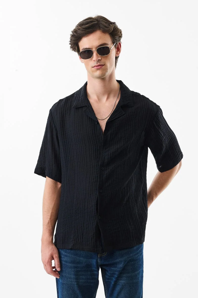 SNITCH Oversized Fit Textured Cuban Collar Shirt
