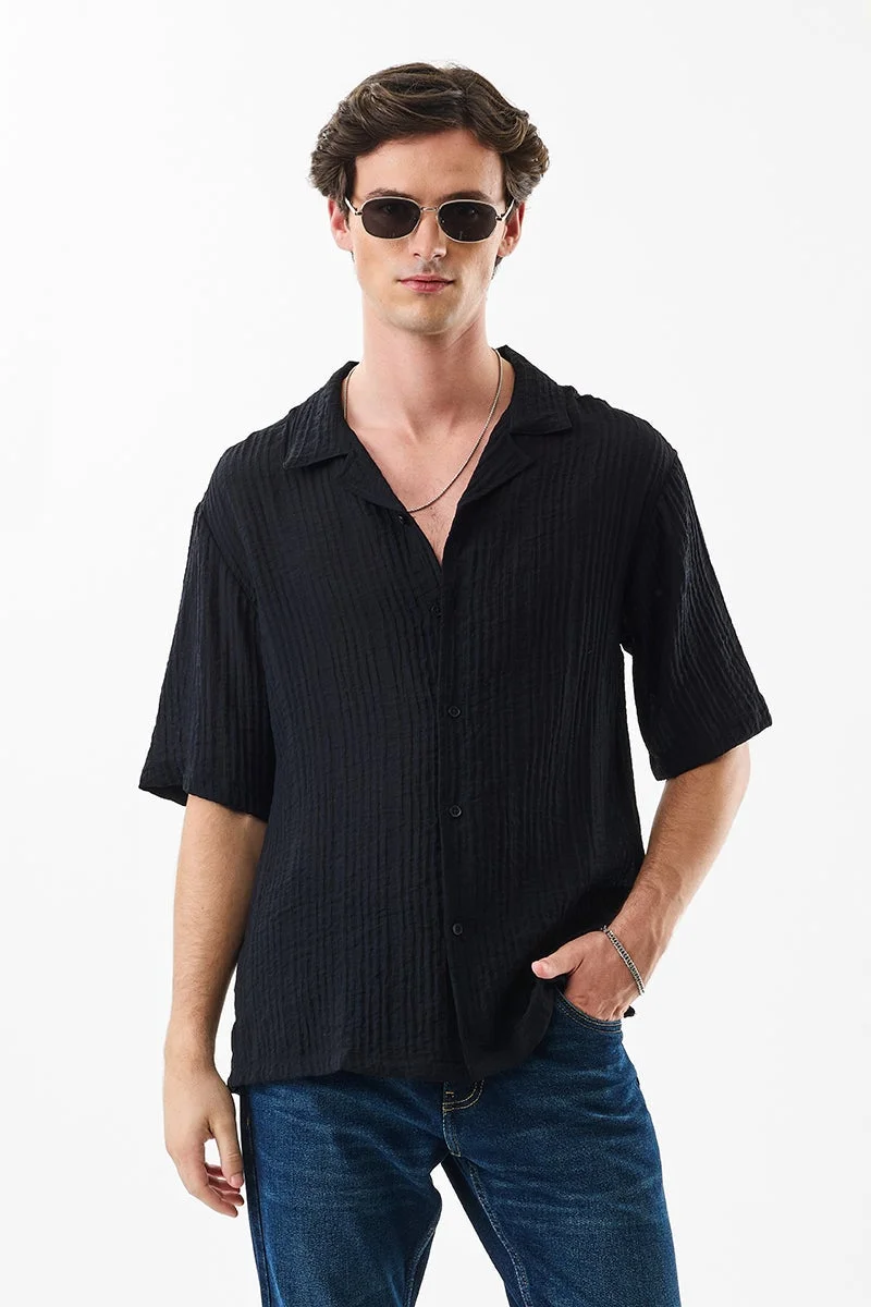 SNITCH Oversized Fit Textured Cuban Collar Shirt