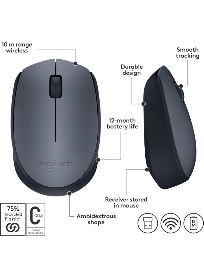Logitech M170 Wireless Mouse, 2.4 GHz With USB Mini Receiver, Optical Tracking, 12-Months Battery Life, Ambidextrous PC/Mac/Laptop Grey/Black - Image 2