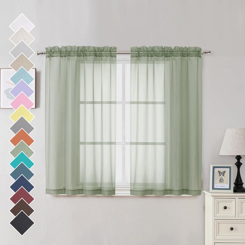 Ovzme 2 Panels Window Sage Green Sheer Curtains 42"" X 45"" Inches For Small Windows  Soft Touching Top Dual Rod Pocket Drapes For Living Room & Bedroom - Image 1