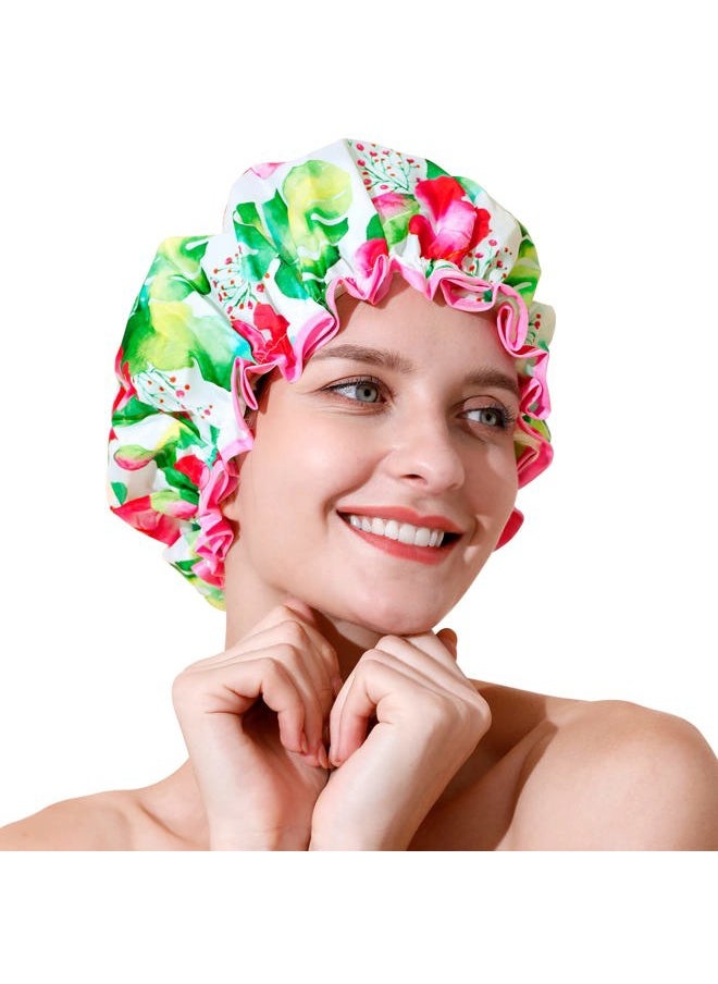 BEAUTAIL - Shower Cap, Reusable Bath Shower Caps for Women Long Hair, Double Layer Waterproof Bathing Shower Hat Hair Protector for Kids Girls Men, Flowers, 1 Pack - Image 1