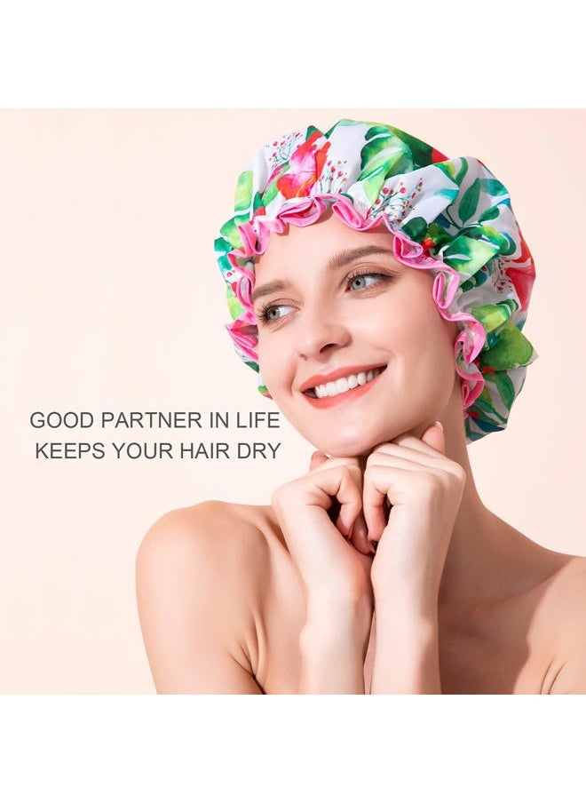 BEAUTAIL - Shower Cap, Reusable Bath Shower Caps for Women Long Hair, Double Layer Waterproof Bathing Shower Hat Hair Protector for Kids Girls Men, Flowers, 1 Pack - Image 1