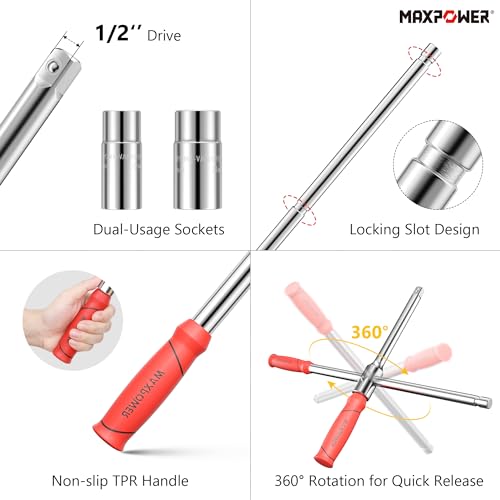 Maxpower مفتاح العجلات MAXPOWER، مفتاح الإطارات مع رأس 1/2 بوصة و 2 قطعة من المقابس القياسية (17 مم/19 مم، 21 مم/23 مم)، مفتاح صامولة العجلات السريع القابل للفصل مع صندوق تخزين - Image 3