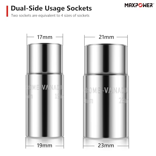 Maxpower مفتاح العجلات MAXPOWER، مفتاح الإطارات مع رأس 1/2 بوصة و 2 قطعة من المقابس القياسية (17 مم/19 مم، 21 مم/23 مم)، مفتاح صامولة العجلات السريع القابل للفصل مع صندوق تخزين - Image 5