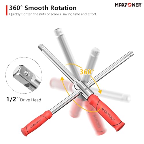 Maxpower مفتاح العجلات MAXPOWER، مفتاح الإطارات مع رأس 1/2 بوصة و 2 قطعة من المقابس القياسية (17 مم/19 مم، 21 مم/23 مم)، مفتاح صامولة العجلات السريع القابل للفصل مع صندوق تخزين - Image 2