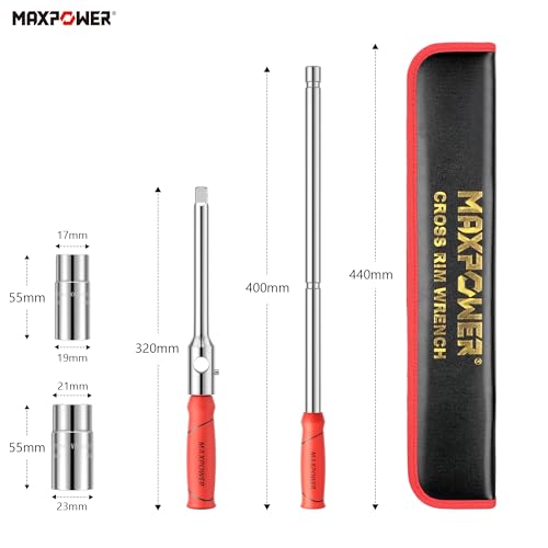 Maxpower مفتاح العجلات MAXPOWER، مفتاح الإطارات مع رأس 1/2 بوصة و 2 قطعة من المقابس القياسية (17 مم/19 مم، 21 مم/23 مم)، مفتاح صامولة العجلات السريع القابل للفصل مع صندوق تخزين - Image 4