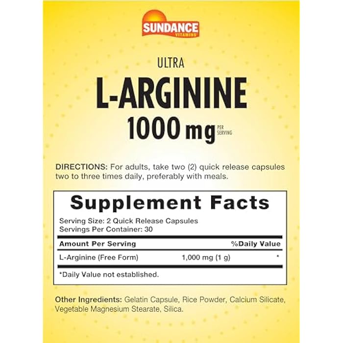 Sundance L-Arginine 1000mg Capsules | 60 Count | Free Form Amino Acid Supplement | Non-GMO and Gluten Free Supplement - Image 2