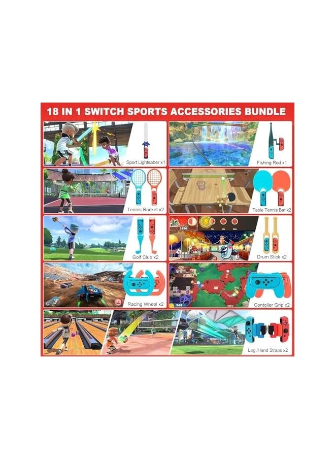 PROMASS 18 in 1 Switch Sport Games Accessories Bundle for Nintendo Switch Games, Family Bundle Accessory Kit with Tennis Racket Controller Grips Racing Wheel Bandage Golf Club Wheels Drum Stick Fishing Rod  - Image 1