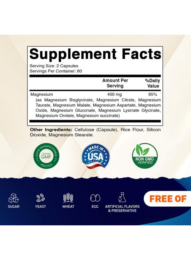 Vitamatic Magnesium Complex, 400mg Elemental MG (as Bisglycinate, Citrate, Taurate, Malate, Aspartate, Oxide, Gluconate, Lysinate Glycinate, Orotate, Succinate) - 120 Capsules - Image 2