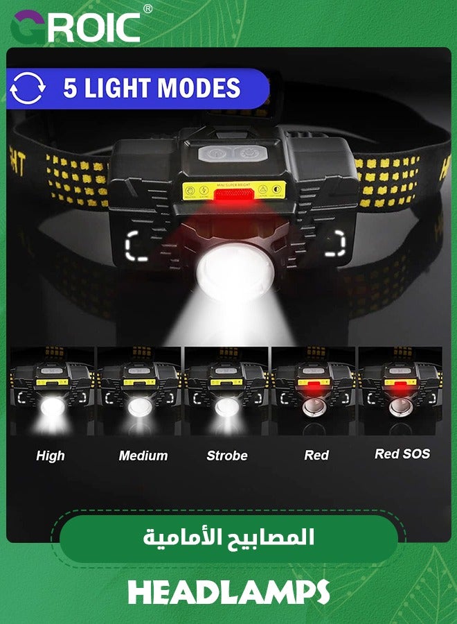 GROIC مصباح رأس قابل لإعادة الشحن 10000 لومن، مصابيح رأس ساطعة في الهواء الطلق مع مستشعر حركة، 5 أوضاع قابلة للتكبير مصابيح رأس متعددة الوظائف مع كارابينر، ضوء تحذيري أحمر لمصباح يدوي للتخييم والجري - Image 2