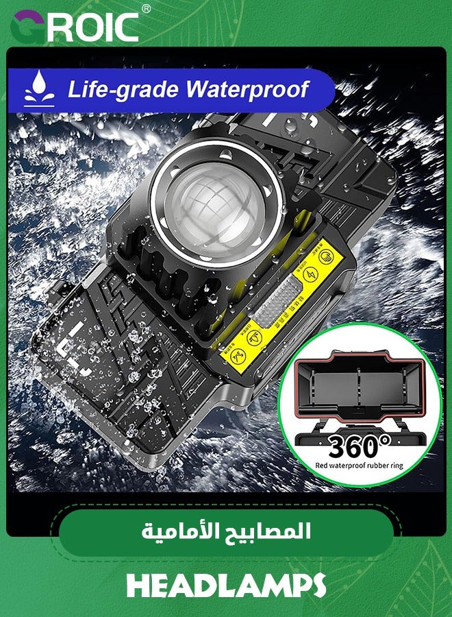 GROIC مصباح رأس قابل لإعادة الشحن 10000 لومن، مصابيح رأس ساطعة في الهواء الطلق مع مستشعر حركة، 5 أوضاع قابلة للتكبير مصابيح رأس متعددة الوظائف مع كارابينر، ضوء تحذيري أحمر لمصباح يدوي للتخييم والجري - Image 3