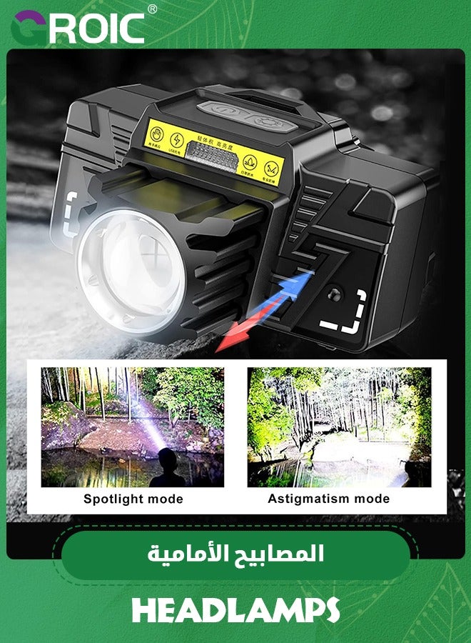 GROIC مصباح رأس قابل لإعادة الشحن 10000 لومن، مصابيح رأس ساطعة في الهواء الطلق مع مستشعر حركة، 5 أوضاع قابلة للتكبير مصابيح رأس متعددة الوظائف مع كارابينر، ضوء تحذيري أحمر لمصباح يدوي للتخييم والجري - Image 4