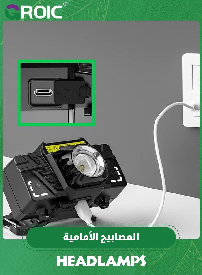 GROIC مصباح رأس قابل لإعادة الشحن 10000 لومن، مصابيح رأس ساطعة في الهواء الطلق مع مستشعر حركة، 5 أوضاع قابلة للتكبير مصابيح رأس متعددة الوظائف مع كارابينر، ضوء تحذيري أحمر لمصباح يدوي للتخييم والجري - Image 5