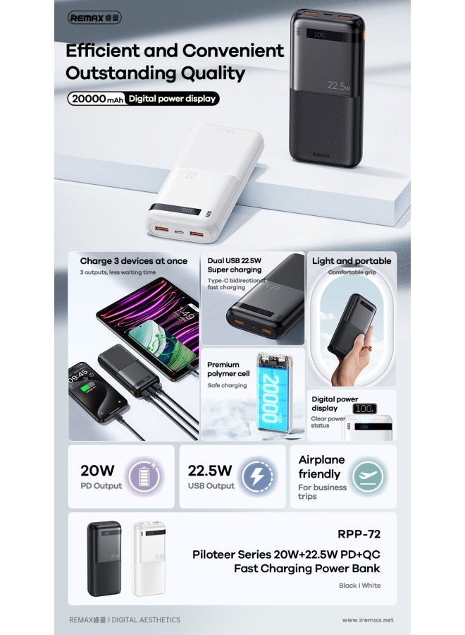 ريماكس باور بانك RPP-72 من سلسلة بايلوتير، سعة 20000 مللي أمبير/ساعة، باور بانك مع شحن سريع 22.5 وات + 20 وات بتقنية PD، ومنفذي USB وType-C، ومدخل/مخرج ثنائي الاتجاه، وحماية الشريحة الذكية، وتصميم صغير الحجم - أسود - Image 3