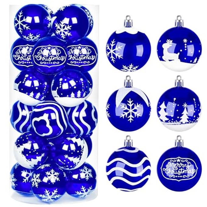 Joiedomi 24 Pcs Christmas Ball Ornaments, Blue & White 2.3 Deluxe Delicate Painting & Glittering Shatterproof Christmas Tree Ornaments for Wreath Garland Holiday Indoor Party - Image 1