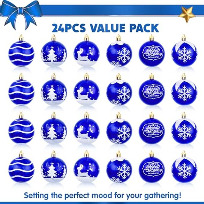 Joiedomi 24 Pcs Christmas Ball Ornaments, Blue & White 2.3 Deluxe Delicate Painting & Glittering Shatterproof Christmas Tree Ornaments for Wreath Garland Holiday Indoor Party - Image 5