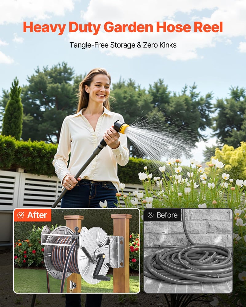 VEVOR Stainless Steel Garden Hose Reel Wall/Floor Mounted, Heavy Duty Manual Hose Winder Holds 150 ft 5/8 in Water Hoses, Outdoor Reel with Brass Fittings & 5 ft Leader Hose for Lawn, Yard, Garage - Image 5