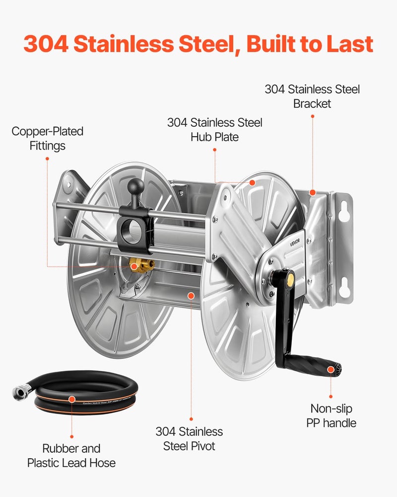 VEVOR Stainless Steel Garden Hose Reel Wall/Floor Mounted, Heavy Duty Manual Hose Winder Holds 150 ft 5/8 in Water Hoses, Outdoor Reel with Brass Fittings & 5 ft Leader Hose for Lawn, Yard, Garage - Image 3