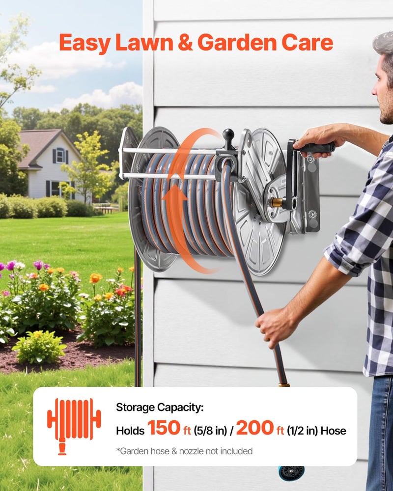 VEVOR Stainless Steel Garden Hose Reel Wall/Floor Mounted, Heavy Duty Manual Hose Winder Holds 150 ft 5/8 in Water Hoses, Outdoor Reel with Brass Fittings & 5 ft Leader Hose for Lawn, Yard, Garage - Image 2