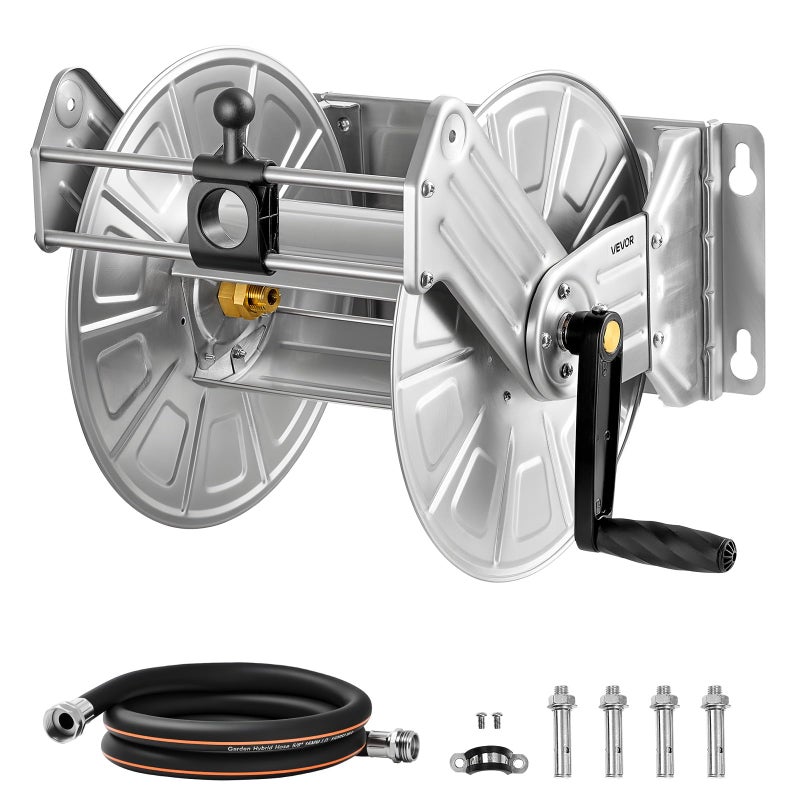 VEVOR Stainless Steel Garden Hose Reel Wall/Floor Mounted, Heavy Duty Manual Hose Winder Holds 150 ft 5/8 in Water Hoses, Outdoor Reel with Brass Fittings & 5 ft Leader Hose for Lawn, Yard, Garage - Image 1