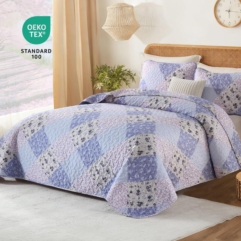 Dinjoy Floral Plaid Patchwork Quilt Set King Size, Reversible Lavender Bedding Set Soft Microfiber Lightweight Bedspread Coverlet 3 Piece Fall Autumn Summer Use (110x90 inches) - Image 2