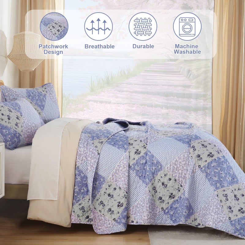 Dinjoy Floral Plaid Patchwork Quilt Set King Size, Reversible Lavender Bedding Set Soft Microfiber Lightweight Bedspread Coverlet 3 Piece Fall Autumn Summer Use (110x90 inches) - Image 3