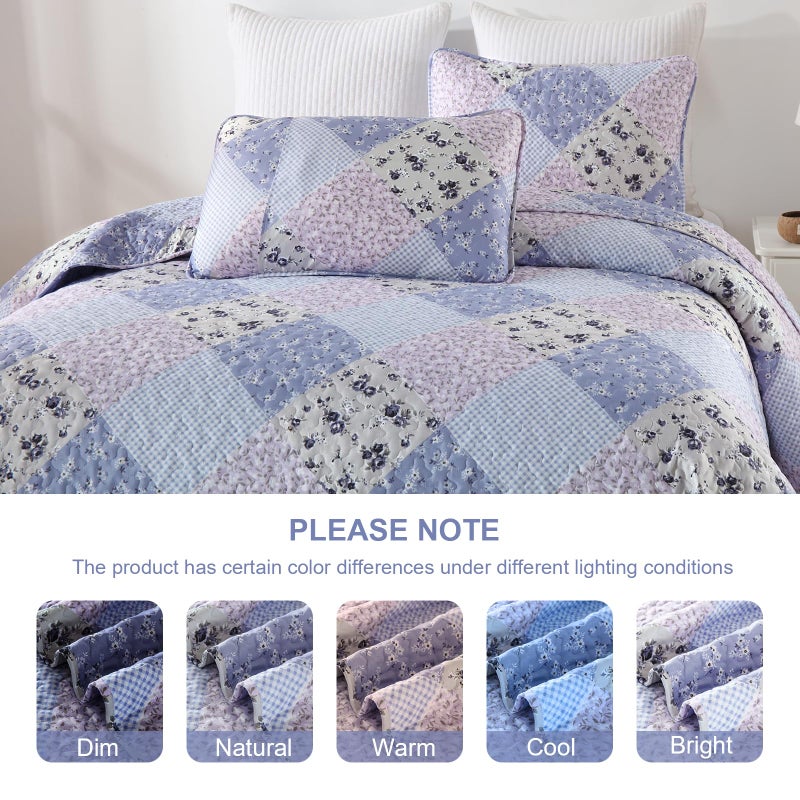 Dinjoy Floral Plaid Patchwork Quilt Set King Size, Reversible Lavender Bedding Set Soft Microfiber Lightweight Bedspread Coverlet 3 Piece Fall Autumn Summer Use (110x90 inches) - Image 4