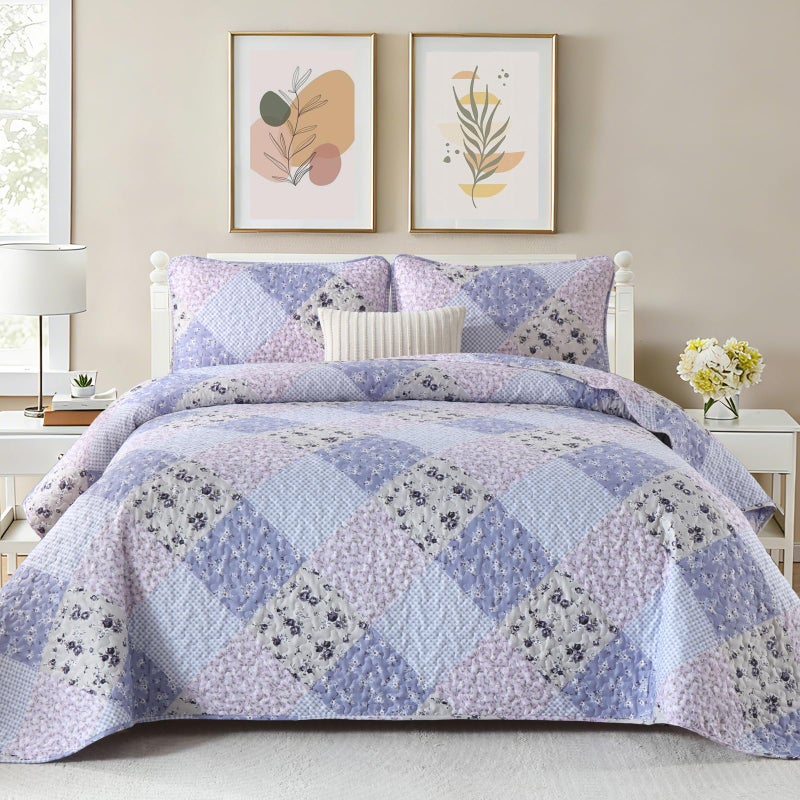 Dinjoy Floral Plaid Patchwork Quilt Set King Size, Reversible Lavender Bedding Set Soft Microfiber Lightweight Bedspread Coverlet 3 Piece Fall Autumn Summer Use (110x90 inches) - Image 1