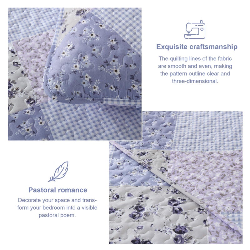 Dinjoy Floral Plaid Patchwork Quilt Set King Size, Reversible Lavender Bedding Set Soft Microfiber Lightweight Bedspread Coverlet 3 Piece Fall Autumn Summer Use (110x90 inches) - Image 5
