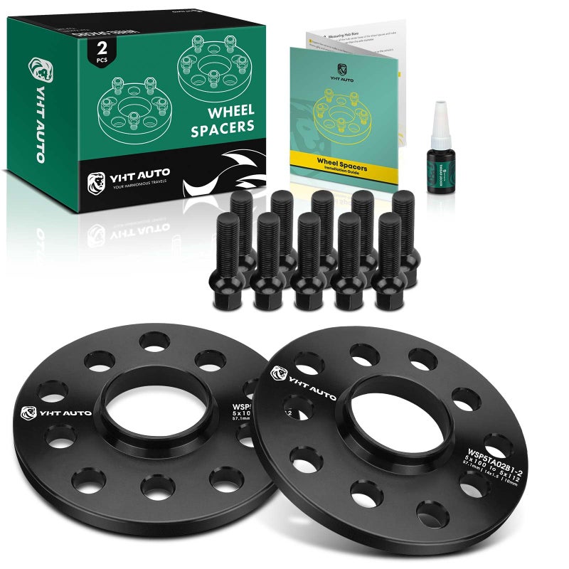 YHTAUTO 5x1005x112mm Hub Centric Wheel Adapters 10mm Compatible with Audi Volkswagen Models A4 TT Jetta Passat w M14X15 129 Grade Studs 571mm Hub Bore 5 Lug 2PCS Black