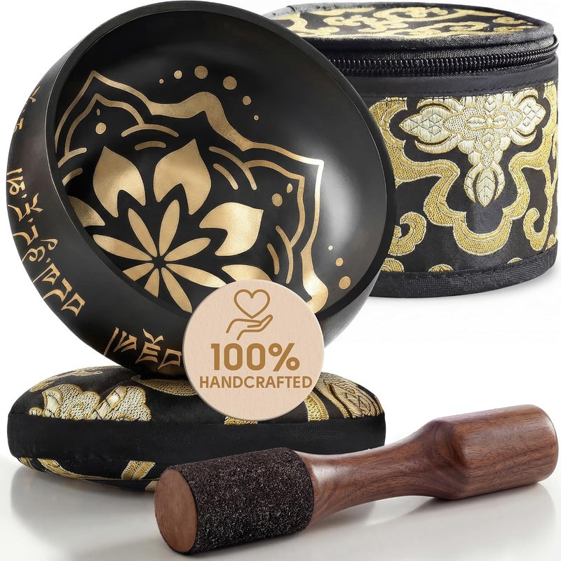 Silent Mind Tibetan Singing Bowl Set ~ Easy to Play ~ Creates Beautiful Sound for Holistic Healing, Stress Relief, Meditation & Relaxation ~ Bliss Pattern ~ Black Bowl with Black Pillow - Image 1