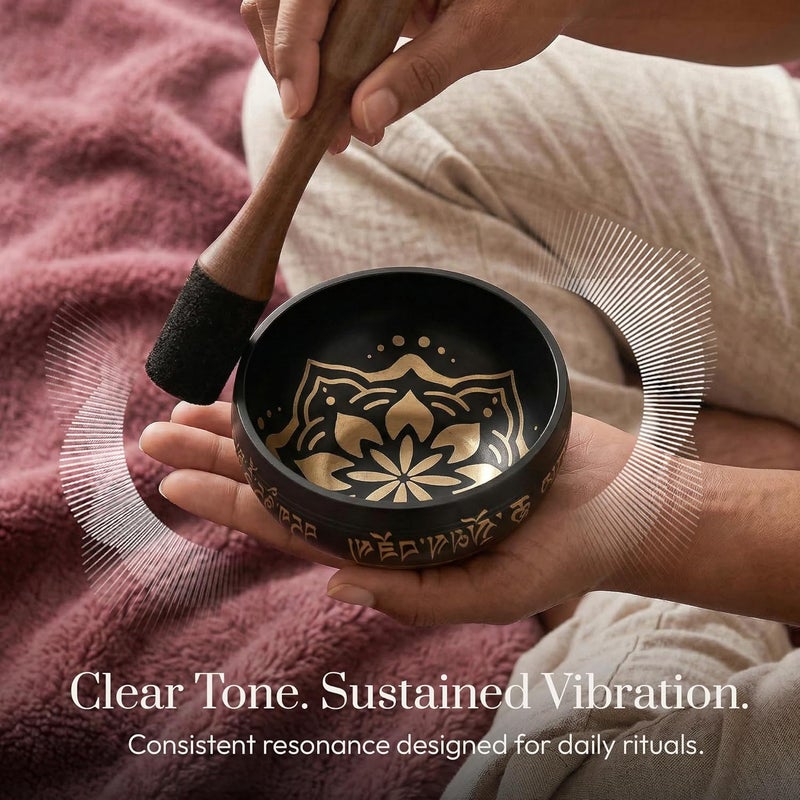 Silent Mind Tibetan Singing Bowl Set ~ Easy to Play ~ Creates Beautiful Sound for Holistic Healing, Stress Relief, Meditation & Relaxation ~ Bliss Pattern ~ Black Bowl with Black Pillow - Image 3