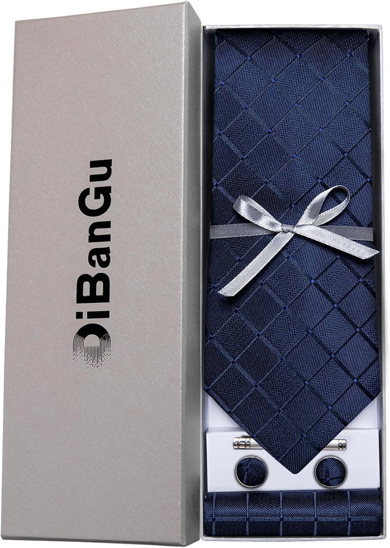 DiBanGu Plaid Ties for Men Silk Checkered Necktie and Pocket Square Cufflinks Tie Clip Set with Gift Box for Wedding Business - Image 4