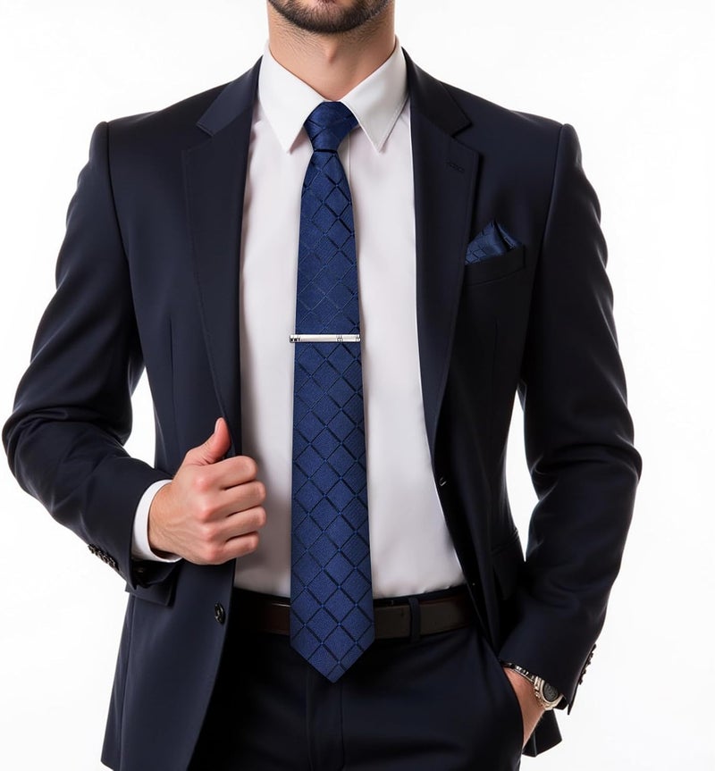 DiBanGu Plaid Ties for Men Silk Checkered Necktie and Pocket Square Cufflinks Tie Clip Set with Gift Box for Wedding Business - Image 2