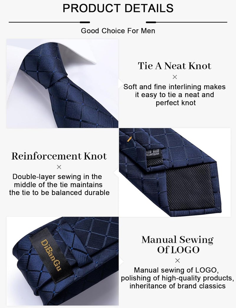 DiBanGu Plaid Ties for Men Silk Checkered Necktie and Pocket Square Cufflinks Tie Clip Set with Gift Box for Wedding Business - Image 5