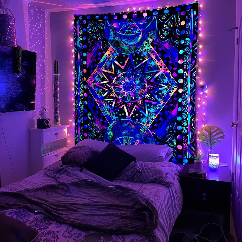 Fowocu Blacklight Sun and Moon Tapestry Glow in The Dark Neon Hippie Bohemian Tapestries for Bedroom Aesthetic UV Reactive Purple Celestial Tie Dye Tapestry Wall Hanging for Living Room Dorm (40'' Ã— 30'') - Image 3
